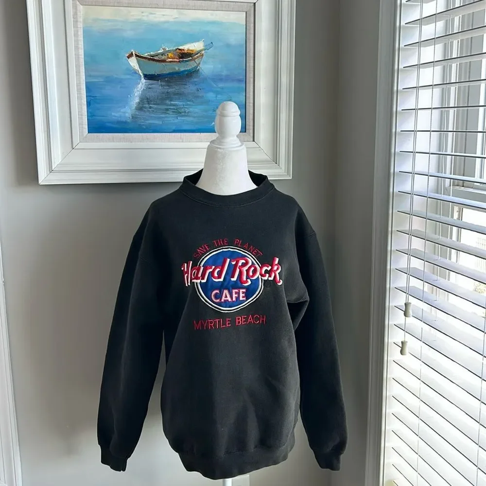 Vintage 90s Save the Planet Hard Rock Cafe Black Myrtle Beach Sweatshirt - Picture 2 of 7
